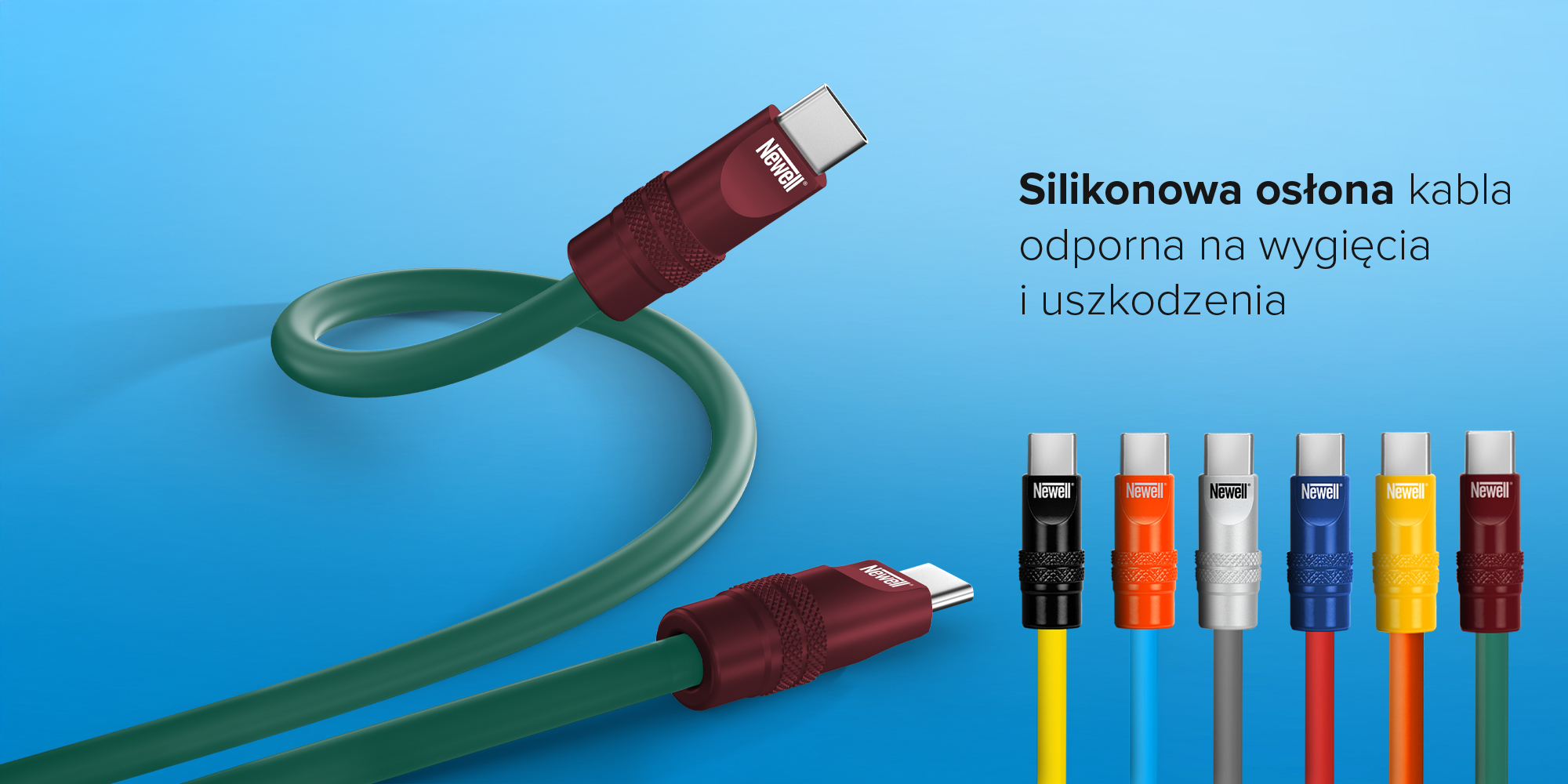 Kabel Newell USB-C - USB-C 100 W, 1,5 m, silikonowy, spiralny, zielono-bordowy